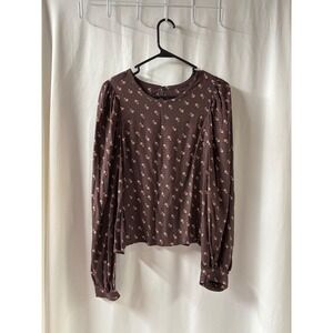 Melrose and Market NWT Women's Long Sleeve Floral‎ Print Brown Rayon Top Size L